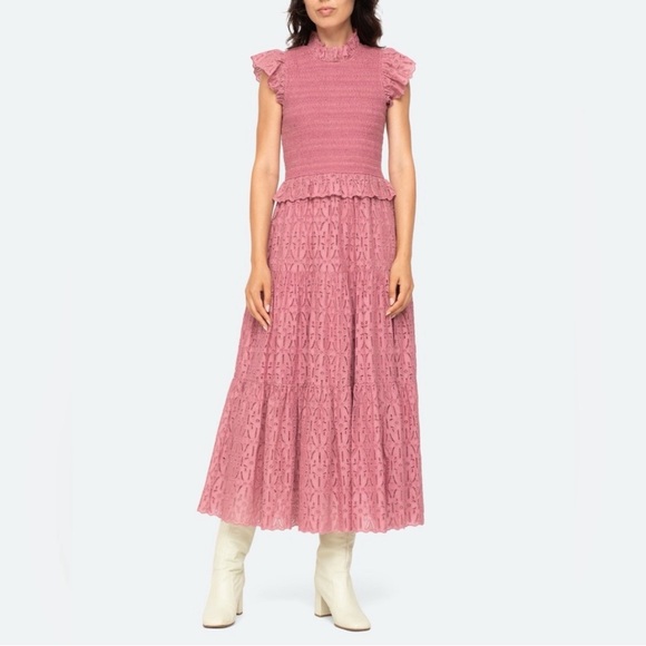 SEA New York Ingrid Smocked Midi Dress Rose - Picture 1 of 8
